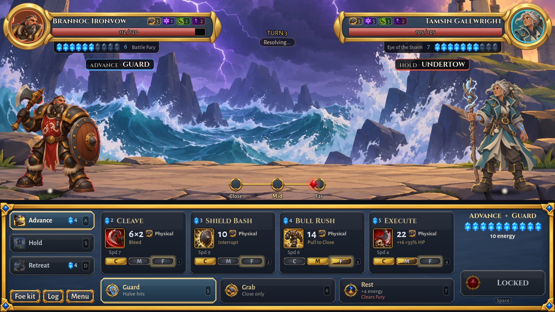 Brannoc and Tamsin face off above the ability selection panel