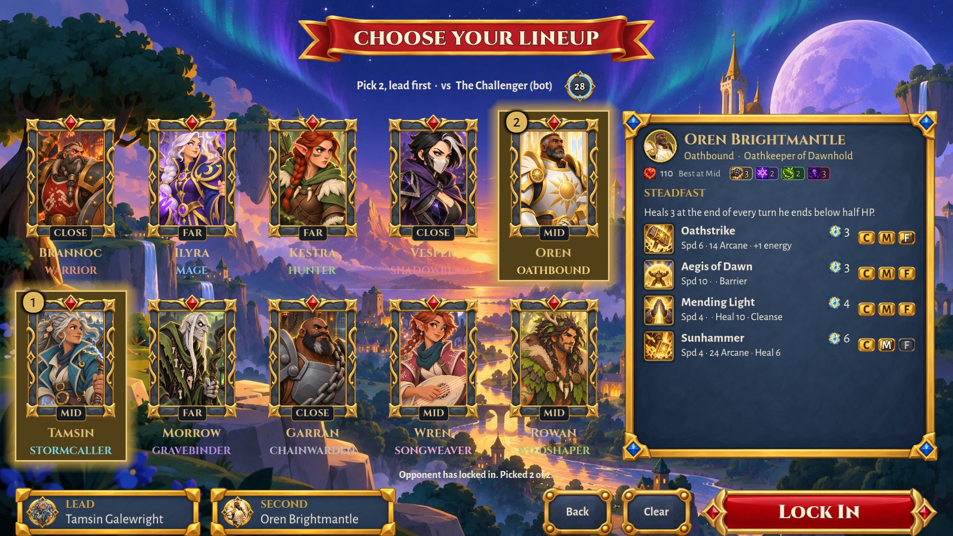 Ten illustrated hero cards in the lineup selection screen